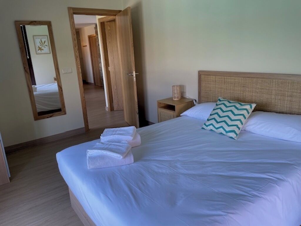 A neatly made bed with white linens and a single decorative pillow, a bedside table with a lamp, and a mirror on the wall.