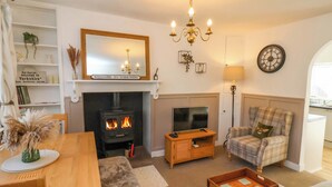 A cozy living room with a fireplace, a television, a plaid armchair, and a wooden coffee table. - 1 Rosedale Abbey (Pickering)
