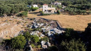 A rural landscape with a stone house surrounded by olive trees and a dry field. - Rhadamanthus By Forest Villas (Rethymno)