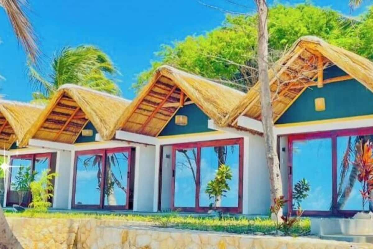 A row of thatched-roof cottages with large windows, surrounded by lush greenery and palm trees.