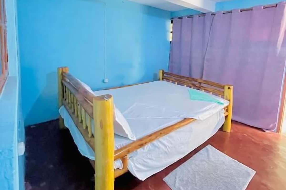 A single bed with a wooden frame and white bedding in a room with blue walls and a red floor.