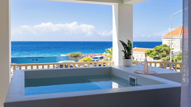 A balcony with a pool, a potted plant, and a bottle of wine. - Home Pietermaai in Willemstad (Willemstad)