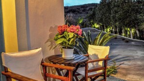 Two wooden chairs with cushions, a small round wooden table, and a potted plant with flowers. - Mainades Studio - Steropi Hideaway in Andros (Andros)