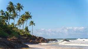 A beach with palm trees, rocky shoreline, and ocean waves. - Beach House NATUREZA (Itacare)