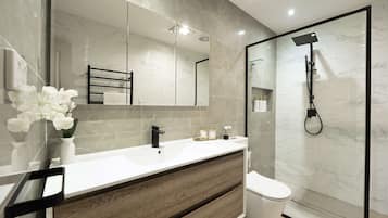 Shower, hair dryer, towels, shampoo