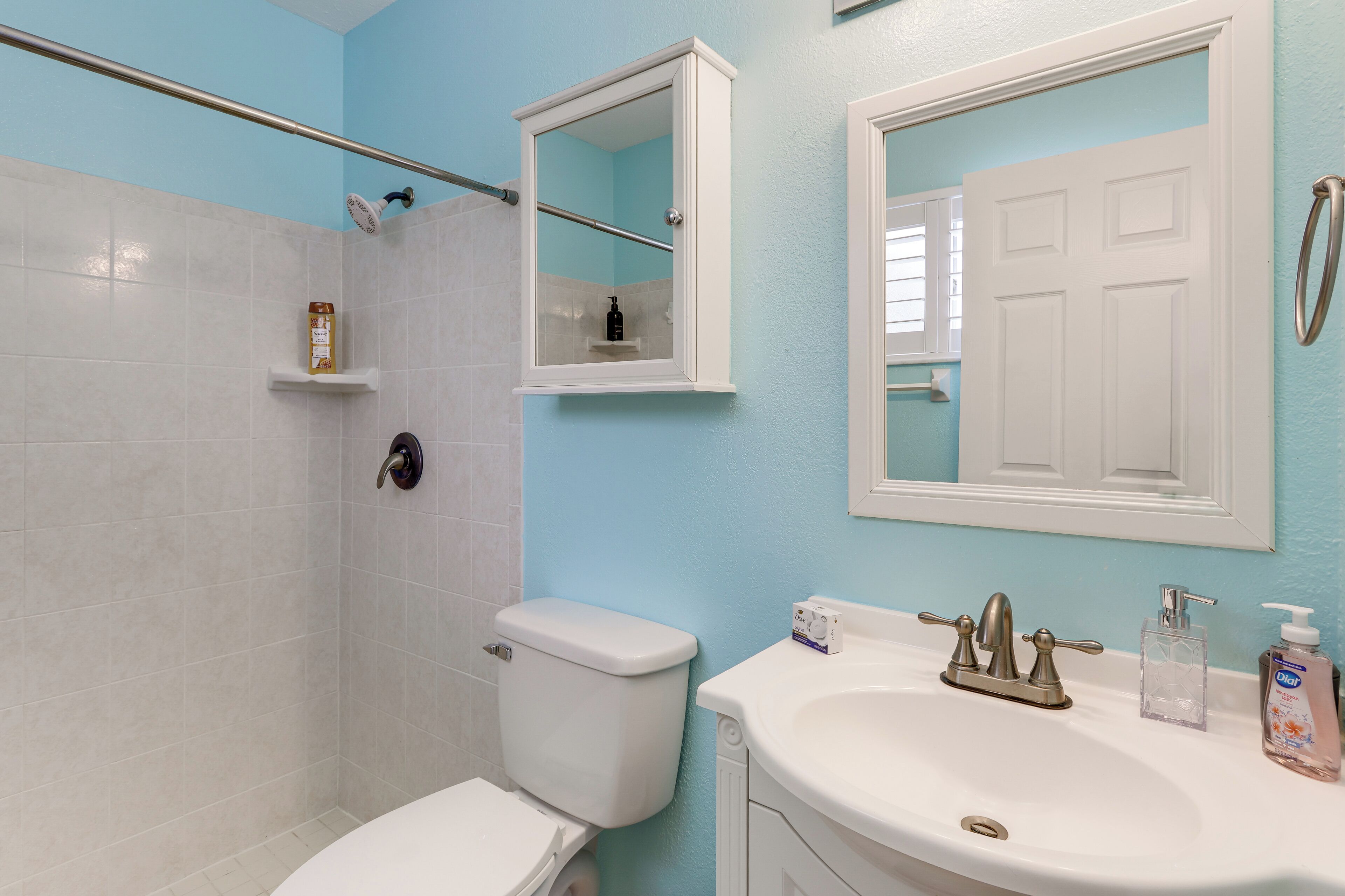 Une salle de bain avec des toilettes blanches, une douche, un lavabo avec un miroir au-dessus, et une porte avec un porte-serviette.