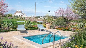 Ein Swimmingpool mit zwei Liegestühlen, umgeben von bunten Blumen und Kakteen.
