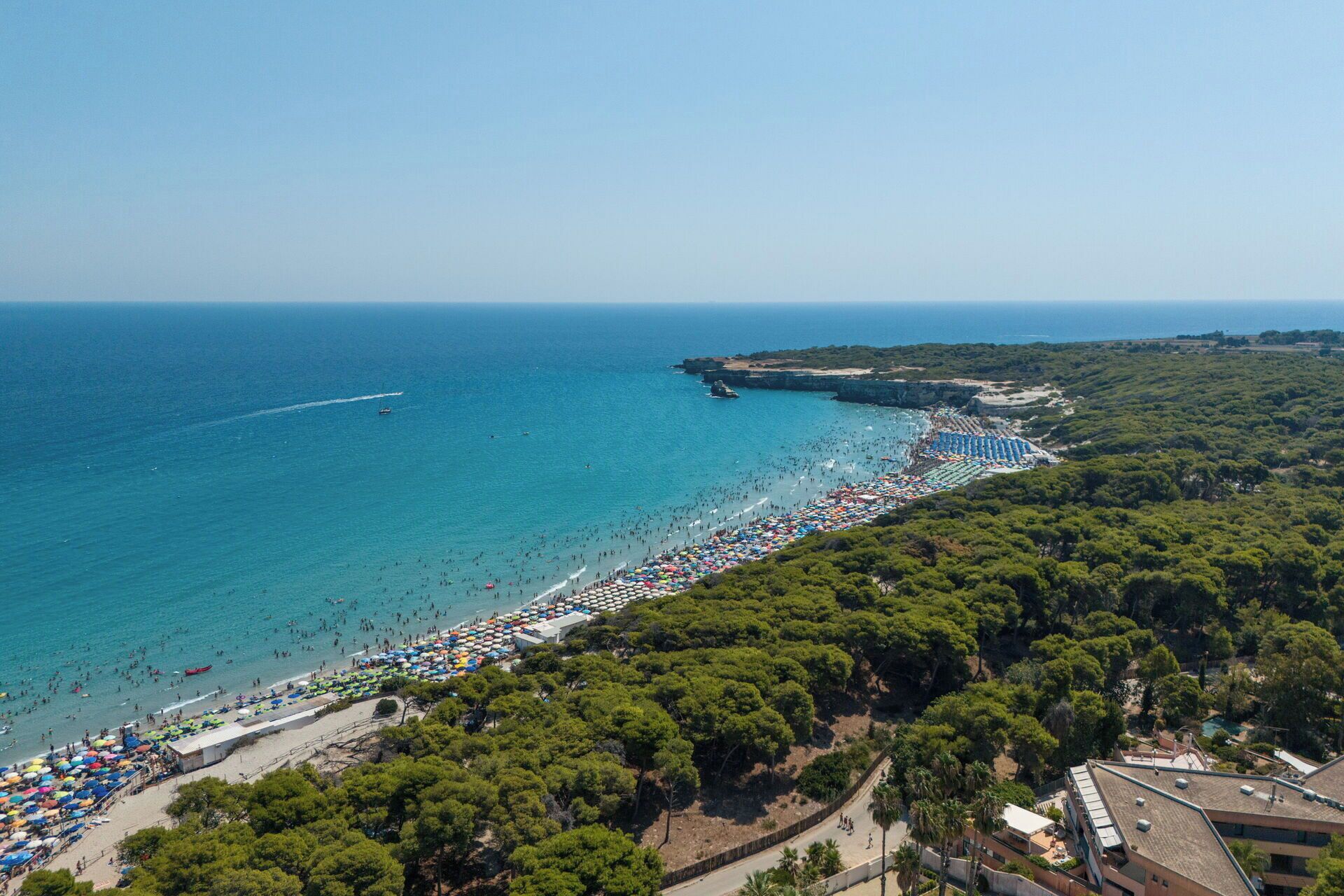An aerial view of a beach with a long stretch of umbrellas and people, surrounded by dense greenery and a clear blue sea.
