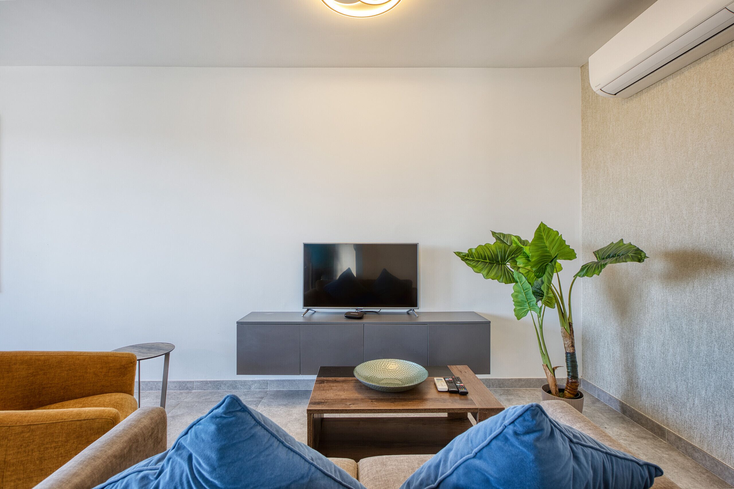 Una sala de estar moderna con un televisor de pantalla plana, una mesa de centro de madera, un sofá y una planta grande.