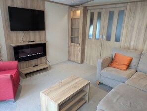 Smart TV, chimenea y libros 