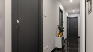 Un couloir moderne aux murs sombres, doté d’un sol en marbre et agrémenté d’une petite plante posée sur une console blanche.