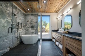 Shower, towels - Stunning View Retreat: Hot Tub, Game Loft, Designer Interior, King Suites & More (Broken Bow)