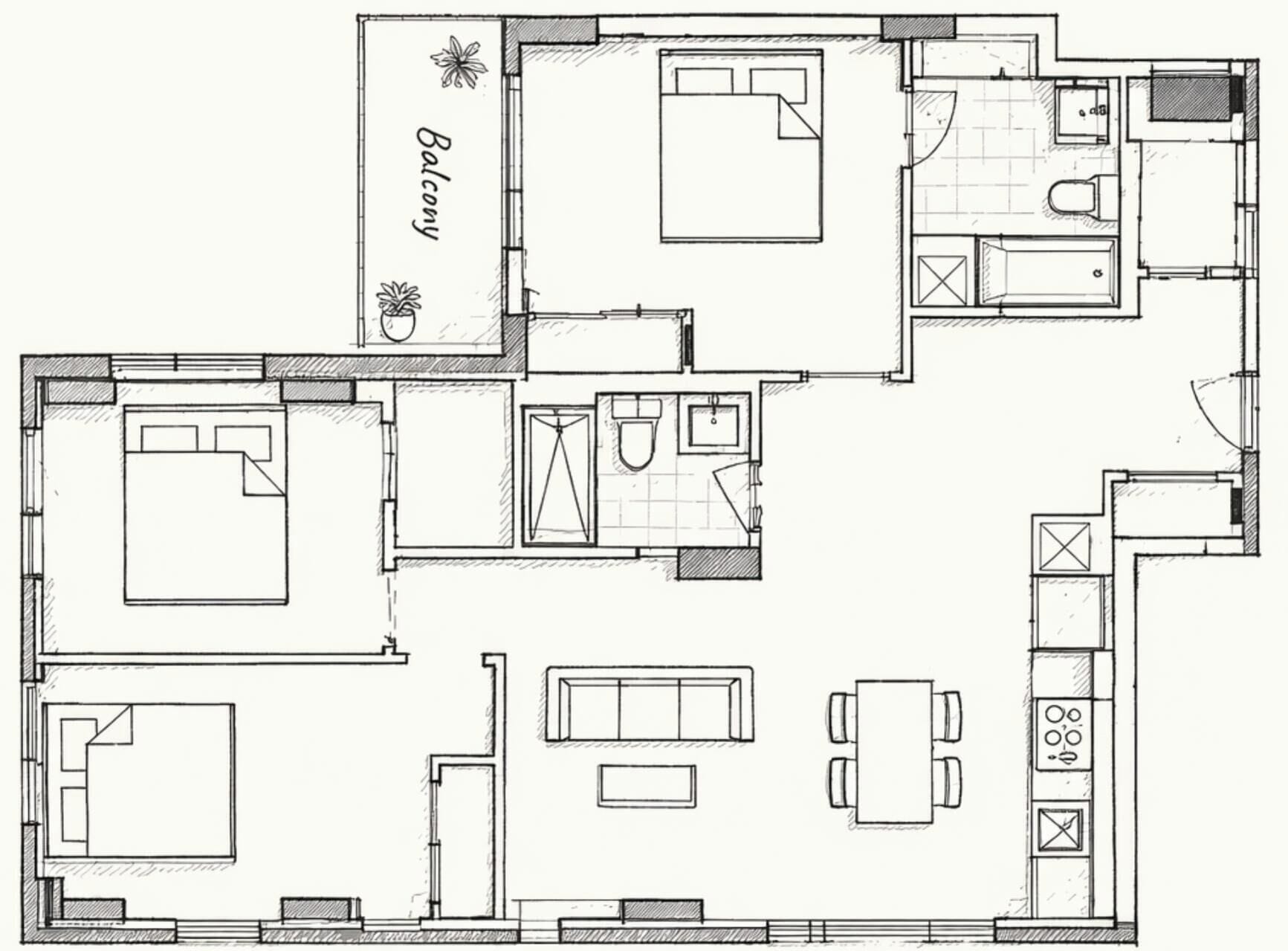 Een plattegrond van een hotelkamer met een balkon, een keuken, een eetgedeelte en een zithoek.