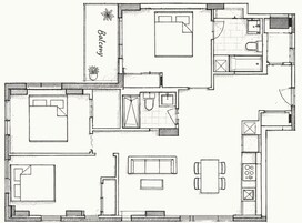 Een plattegrond van een hotelkamer met een balkon, een keuken, een eetgedeelte en een zithoek.