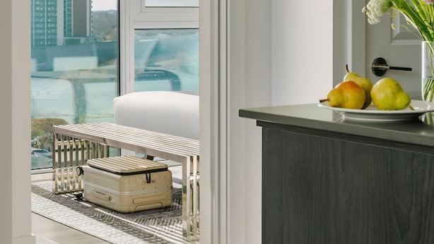 Een moderne kamer met een groot raam, een koffer, een radiator en een donker houten kastje met een bloemenvaas.