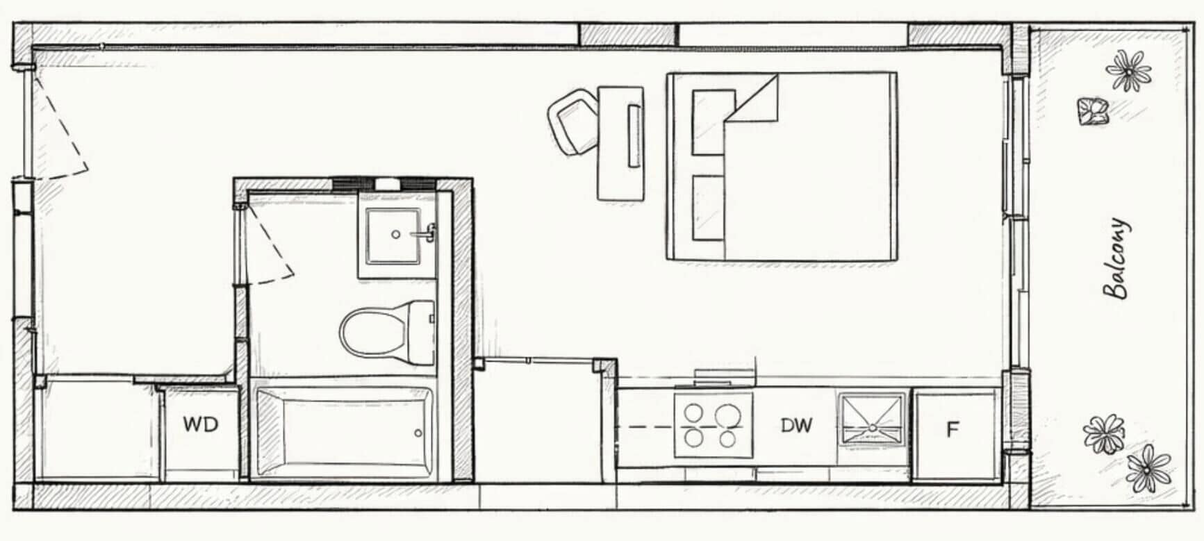 Plano de planta con balcón, zona de cocina y aseo separado.