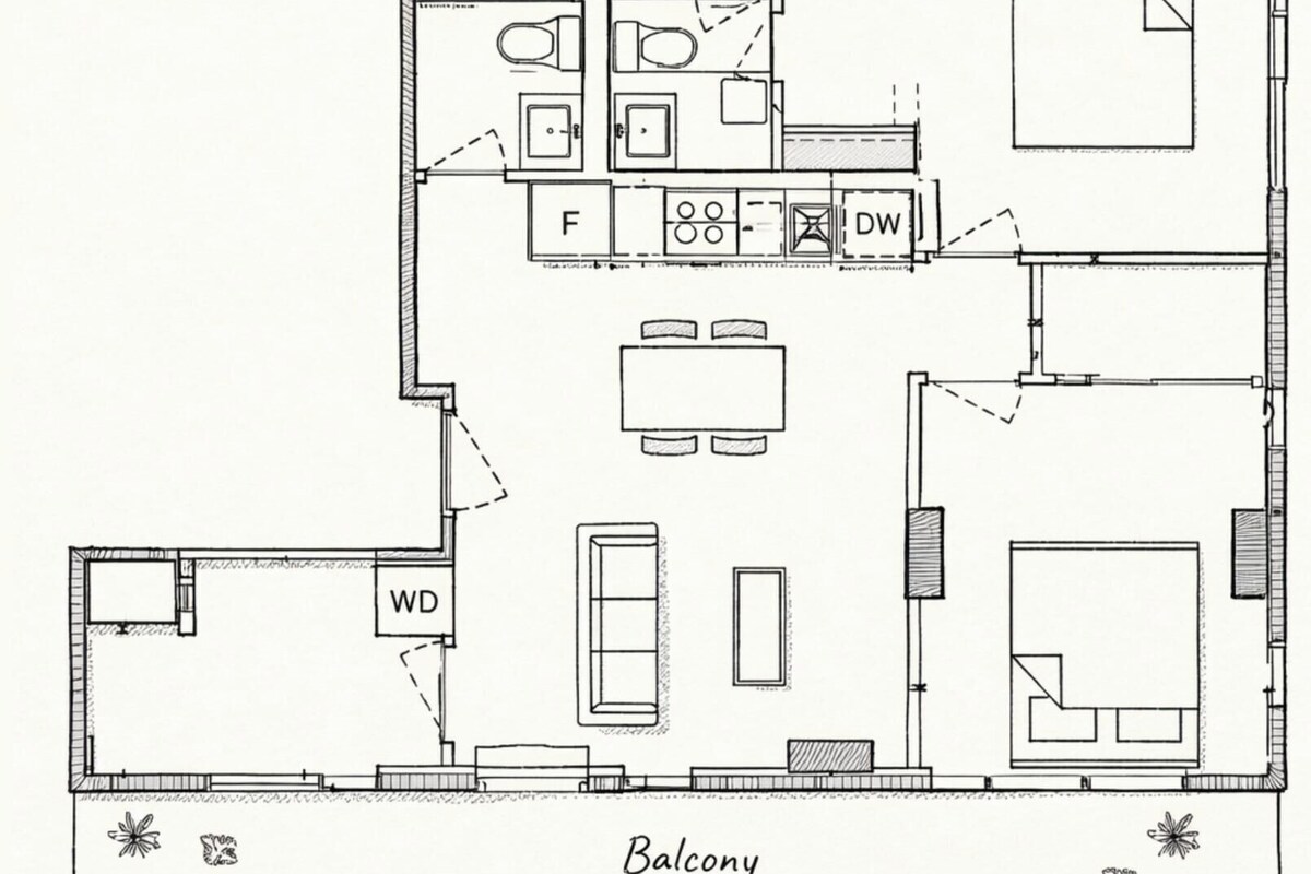 Grundriss eines Hotels mit Balkon, mehreren Zimmern, einer Küche und einem Badezimmer.