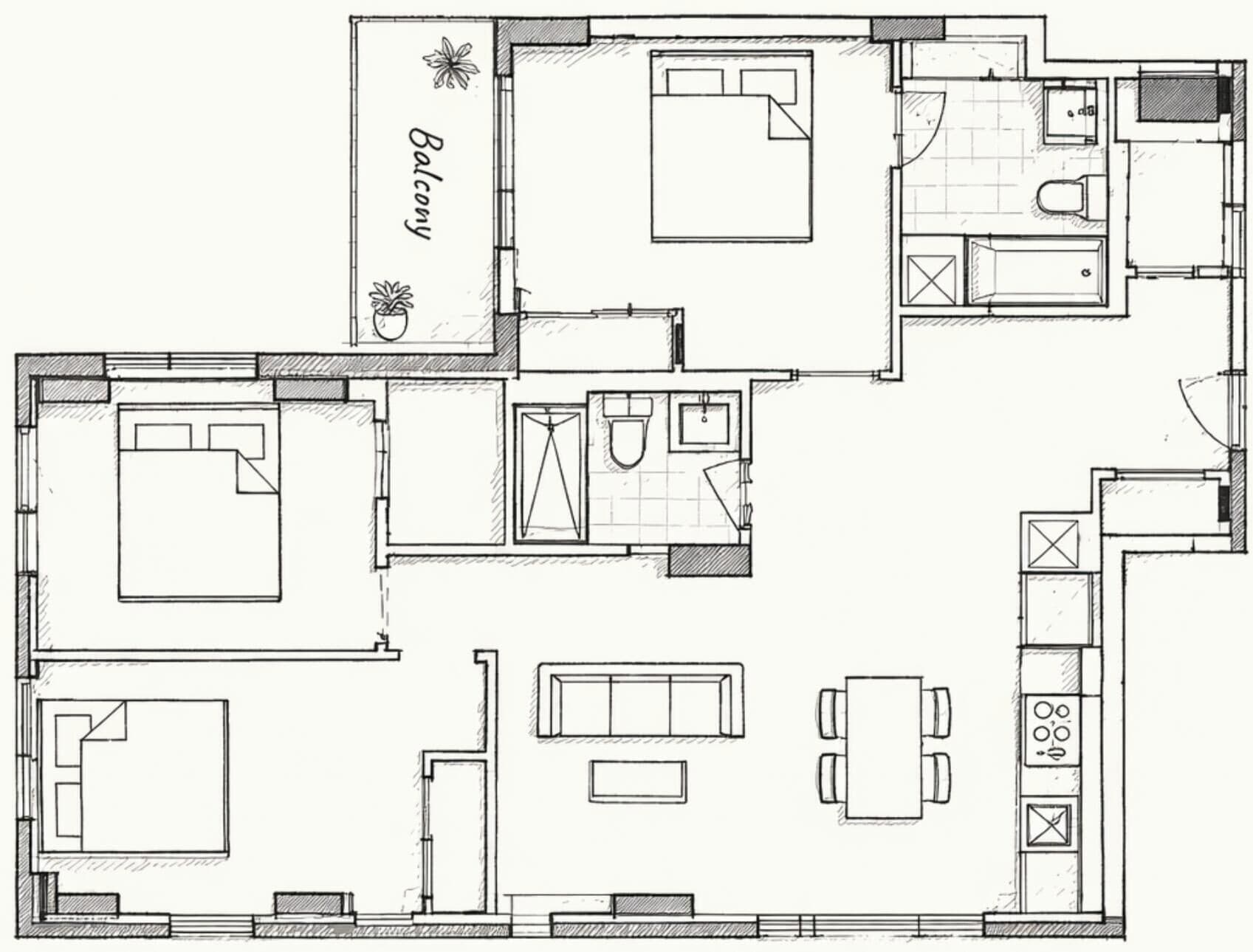 Plano de planta con balcón, cocina, comedor y baño.