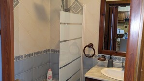 Un baño con ducha, lavabo y espejo.