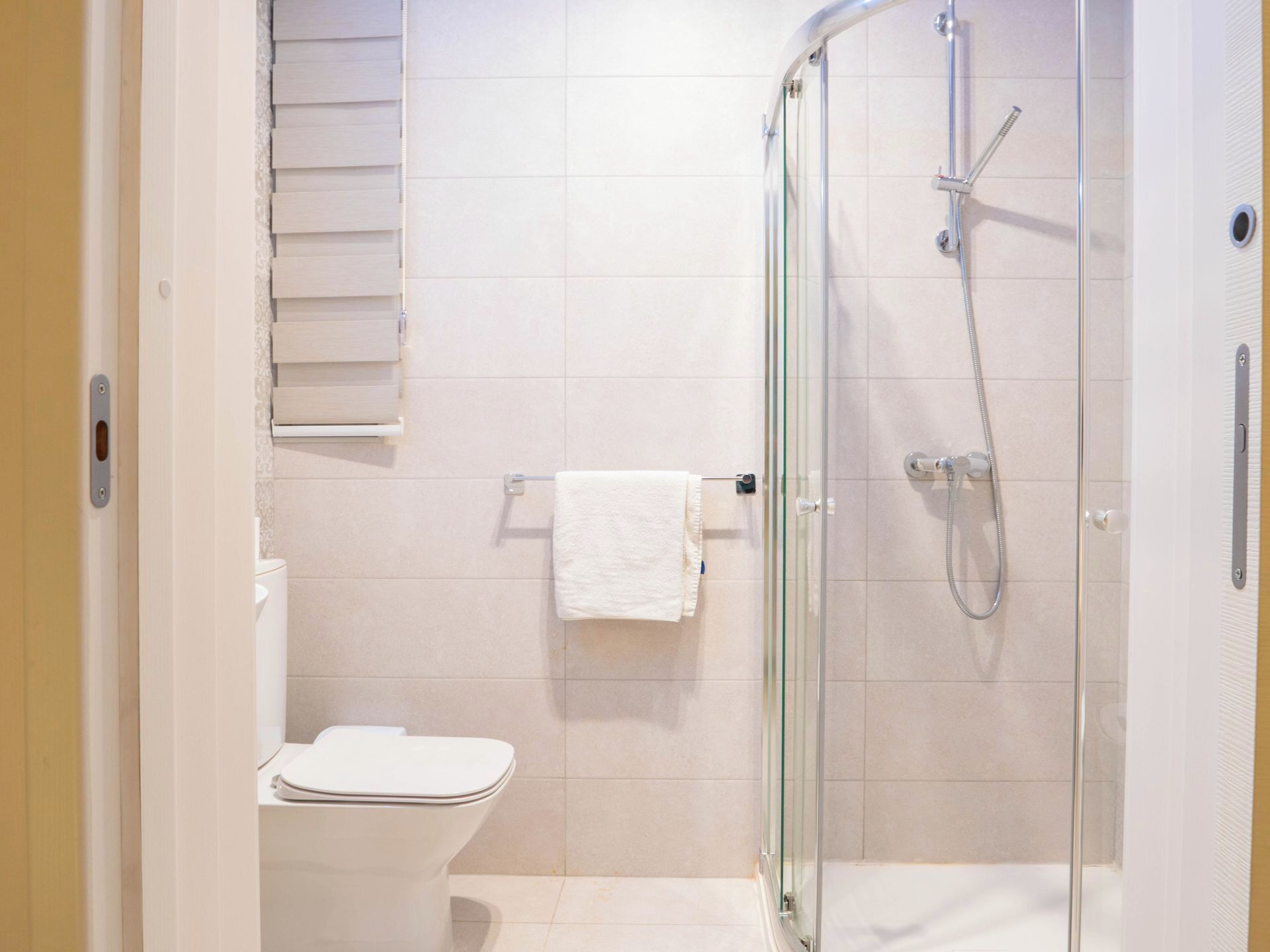 Et moderne badeværelse med en glasvæg omkring brusenichen, toilet og håndklædetørre.