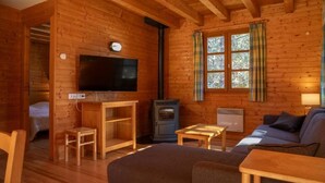 A cozy cabin with a wooden interior, a television, a fireplace, and a sofa. - Les Bouviers (Saint-Paul-le-Froid)