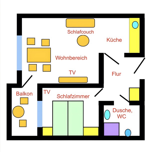 Un hôtel proposant des chambres avec balcon, télévision, salle de télévision, espace de vie, cuisine, salle de bain et toilettes.