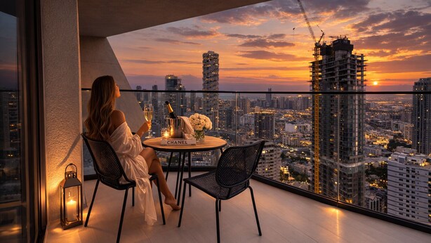 A woman sitting at a table with a bottle of champagne and a glass, overlooking a cityscape with buildings and a sunset. - Skyline Luxury 1BR - Balcony (Dubai)