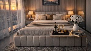 A modern hotel bedroom with a large bed, bedside lamps, a view of the city, and a bedside table with a bottle and glasses. - Skyline Luxury 1BR - Balcony (Dubai)