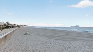 Une plage avec une promenade en béton, des palmiers et une île visible au loin.