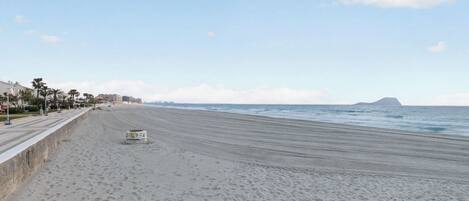 A beach with a concrete walkway, palm trees, and a distant island.