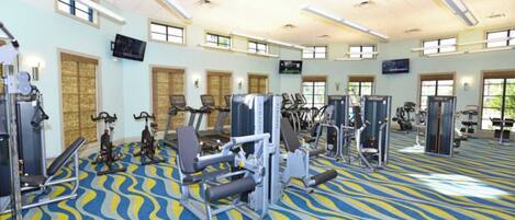 A spacious gym with various exercise machines, large windows, and a patterned carpet.