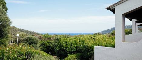 A white building with a view of a vineyard and distant mountains.