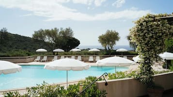Seasonal outdoor pool, open 9:00 AM to 8:00 PM, pool umbrellas