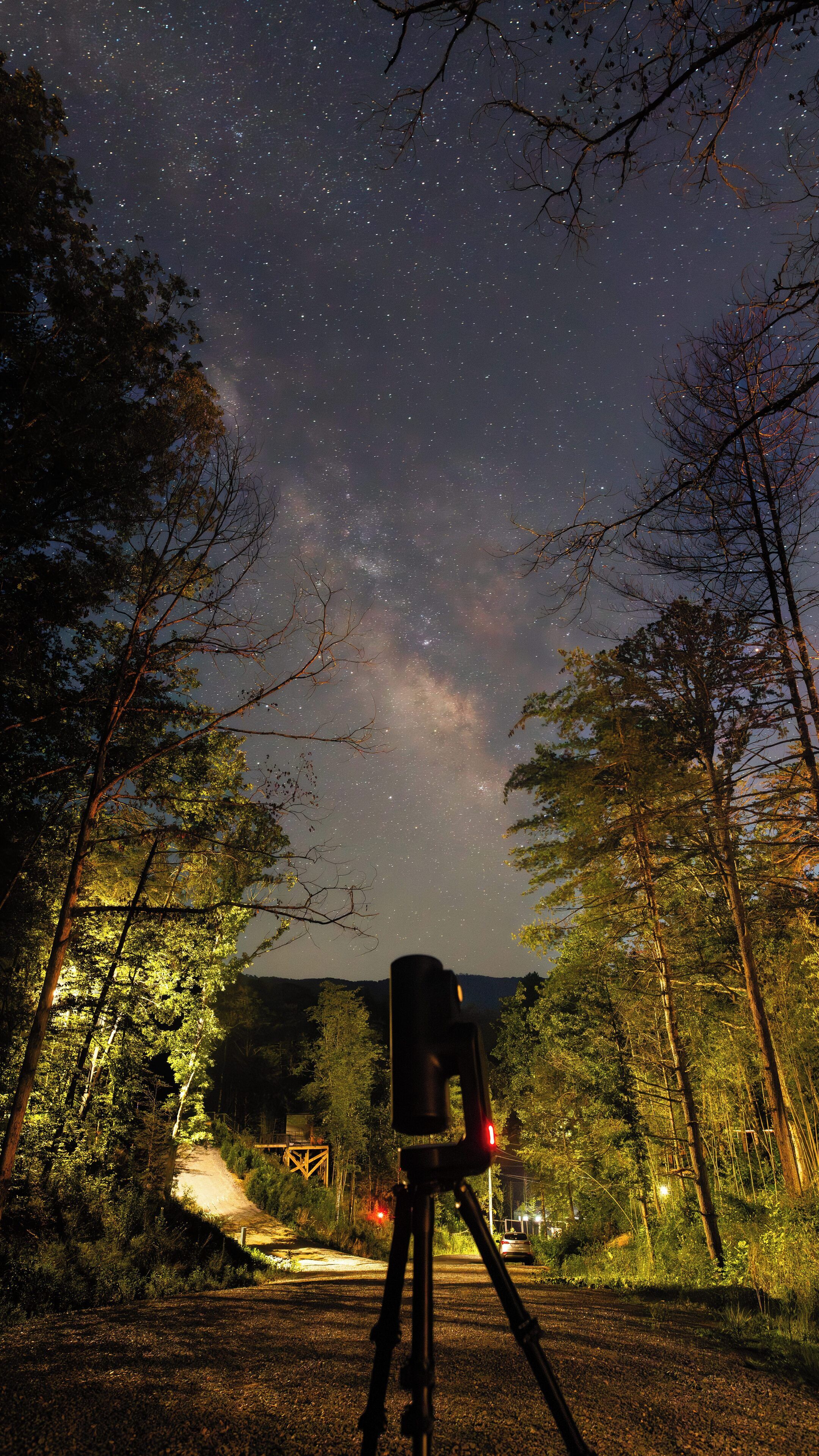 Un télescope installé sur un trépied dans une zone boisée, offrant une vue dégagée sur le ciel nocturne.