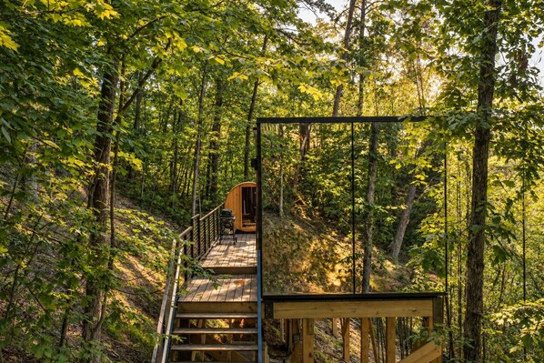 Une terrasse en bois menant à un chalet situé dans une forêt.