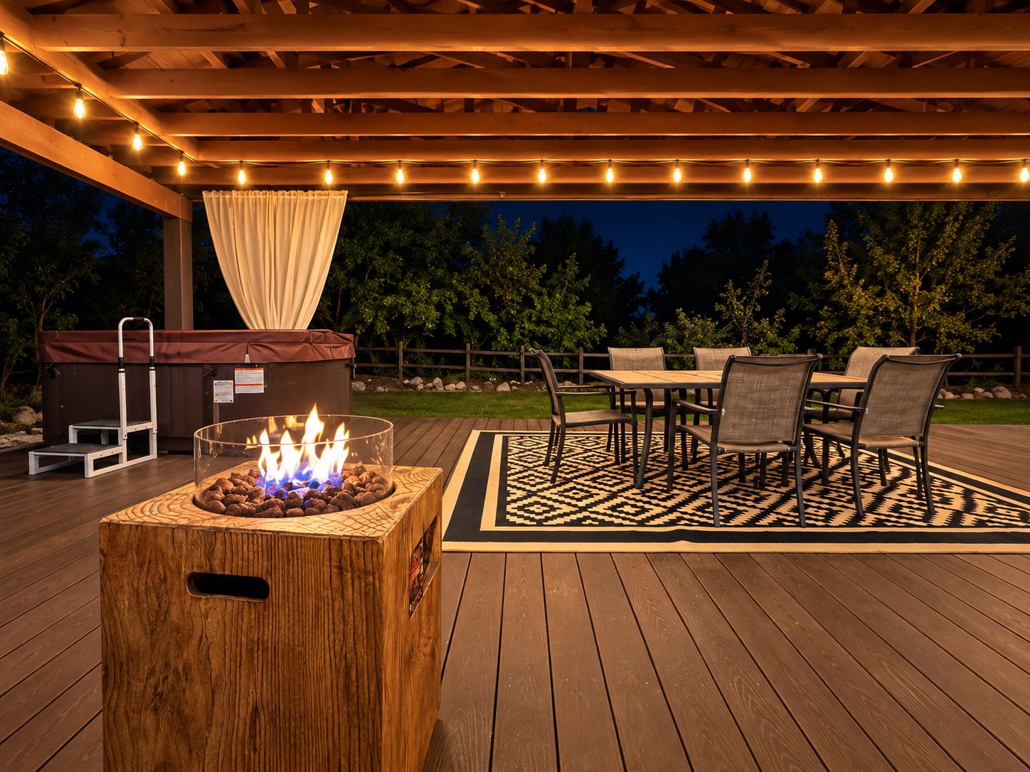 An outdoor deck with a fire pit, seating area, and string lights.