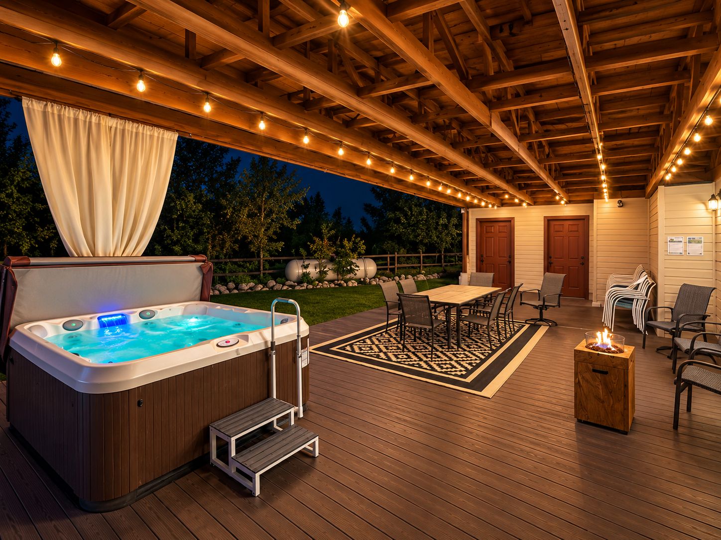 Een terras buiten met een jacuzzi, houten meubels en lichtjes.