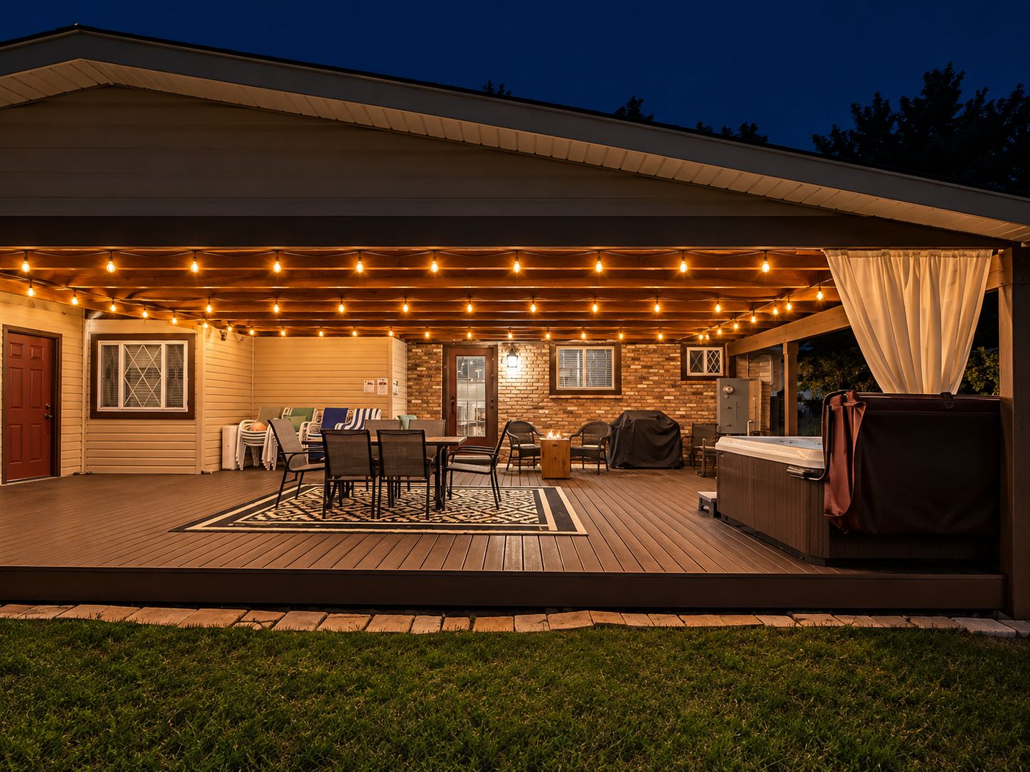 A covered outdoor patio with string lights, a barbecue grill, and a hot tub.