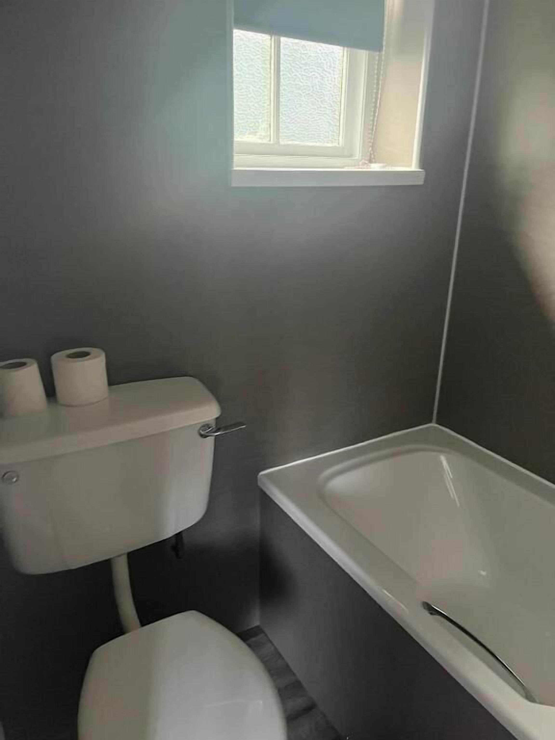 Une salle de bain avec des toilettes, une baignoire et une fenêtre.