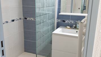 Shower, hair dryer, towels