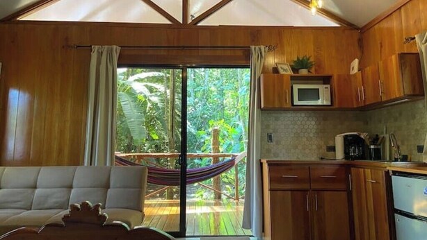 A cozy room with wooden walls, a sofa, a hammock, a sliding glass door to a deck, and a kitchenette with a microwave. - Monkey House (Mirador)