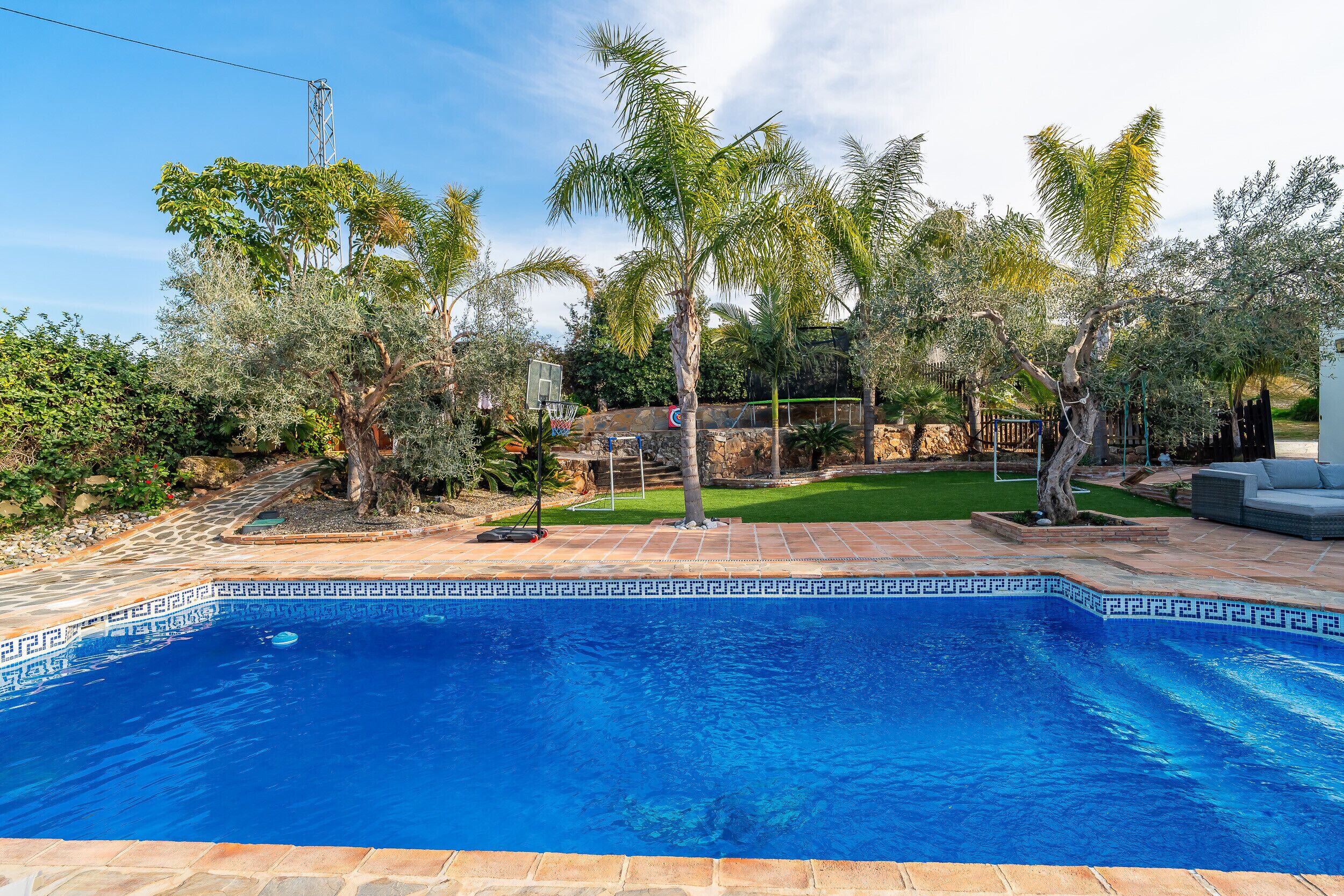 Una piscina con borde de baldosas estampadas, rodeada de palmeras y una zona verde con un aro de baloncesto.
