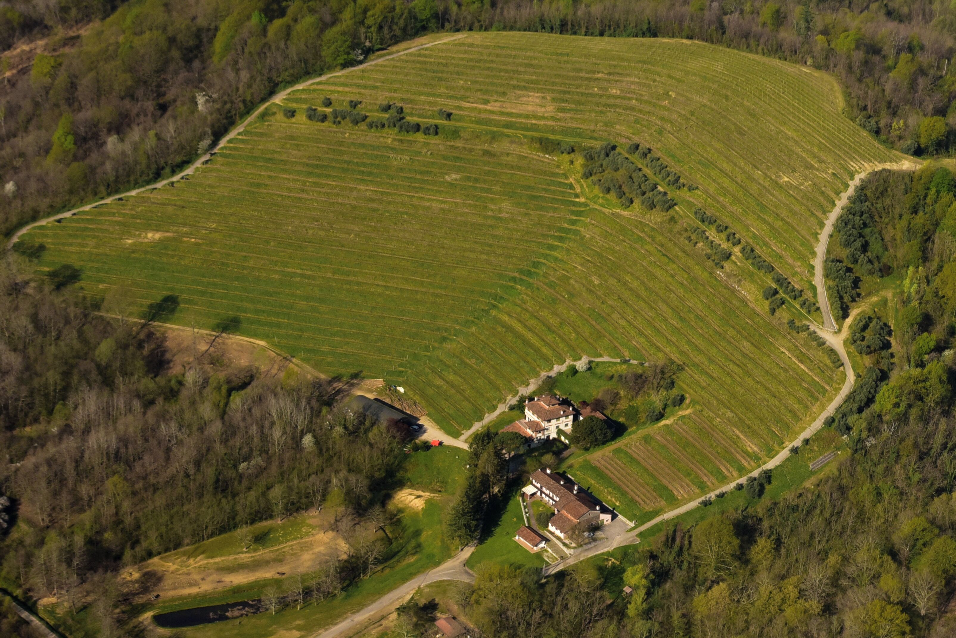 Vue aérienne d’une propriété rurale comprenant un grand champ, une ferme et une route sinueuse.