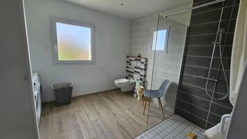 Shower, hair dryer, towels