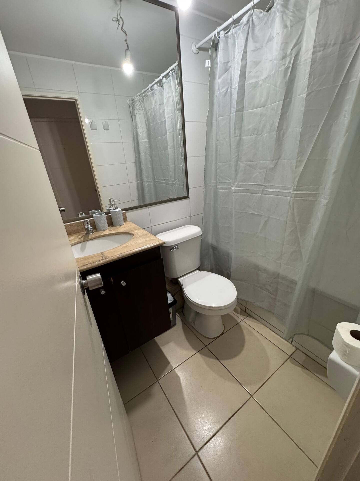 Et badeværelse med toilet, håndvask, spejl og brusergardin.