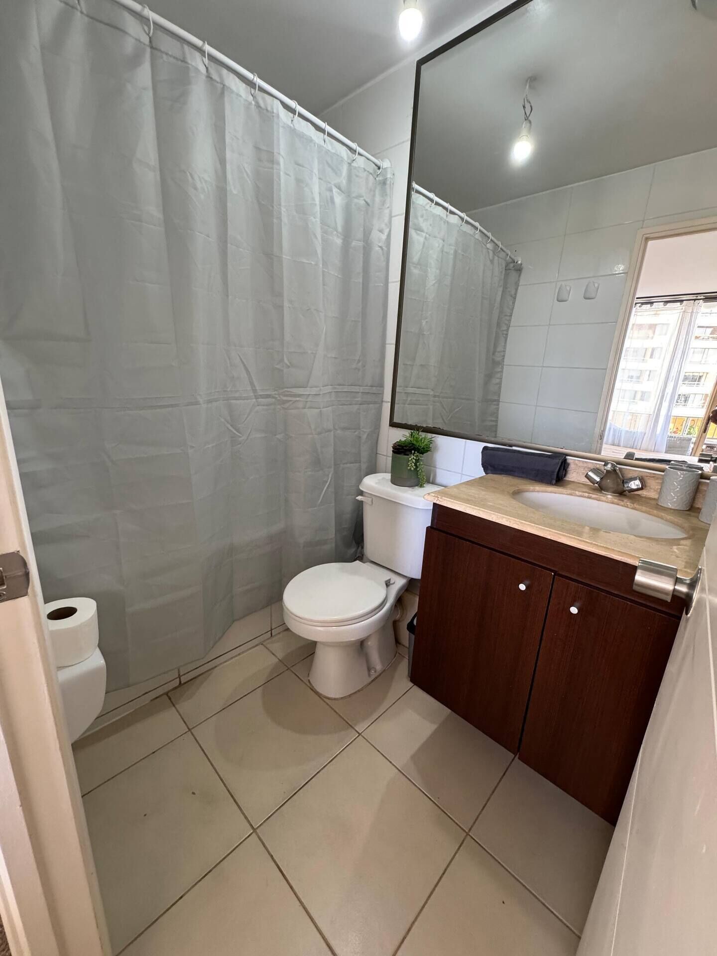 Ein Badezimmer mit Toilette, Waschbecken, Spiegel und Duschvorhang.