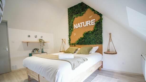 A bedroom with a bed, a wall-mounted shelf with decorative items, a hanging plant, and a nature-themed wall decoration. - Le Savannah (Saint-Aignan)