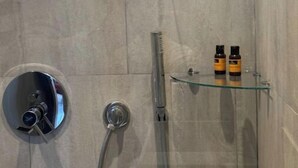 Une salle de bain moderne avec une douche à parois de verre, un pommeau de douche à main et deux bouteilles posées sur une étagère.
