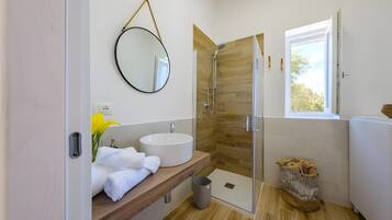 Shower, hair dryer, towels