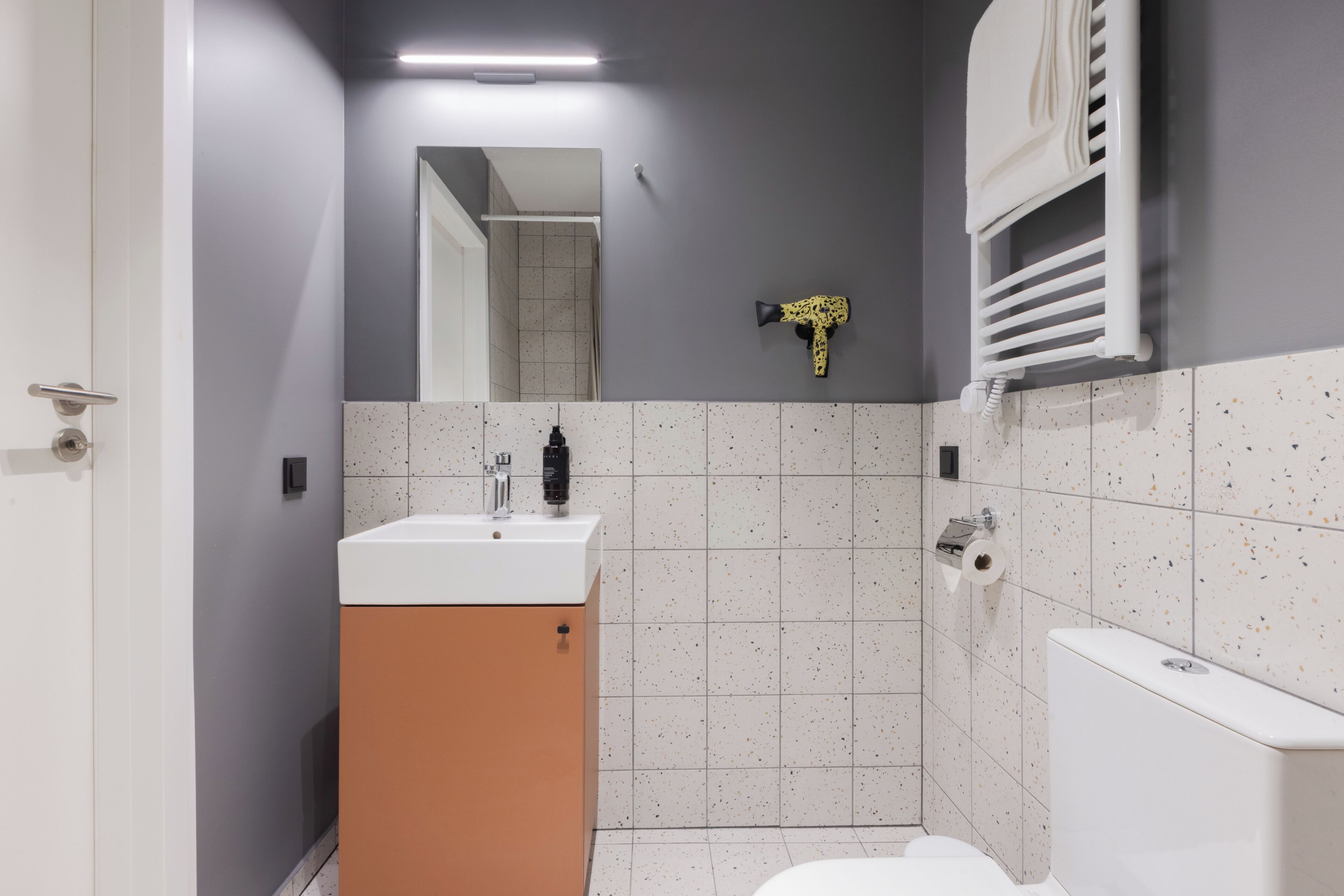 Casa de banho com uma sanita, um lavatório branco, um espelho e um porta-toalhas.